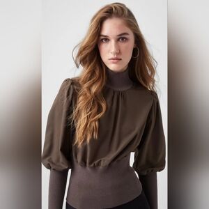 French Connection Krista Knit Top L Taupe Ribbed High Neck Romantic Puff Sleeve
